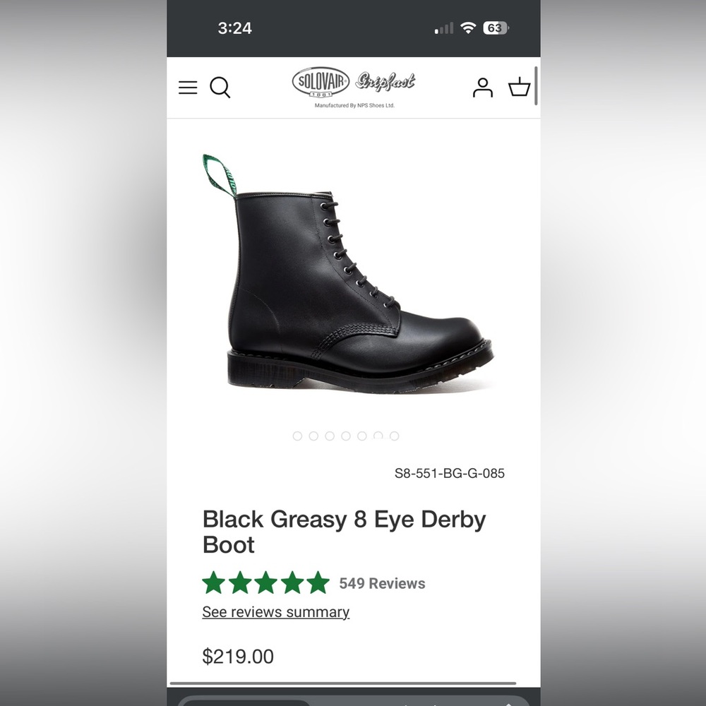 Solovair Black Greasy 8 Eye Derby Boot